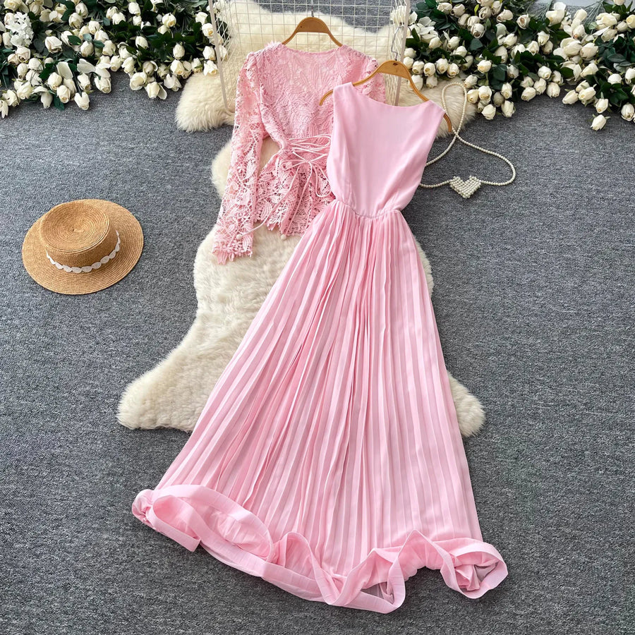 Lace Ruffle Camis Midi Dress Two Pieces Sets V Neck Top  Vintage   Tulle Pleated  Skirt   High Waist A-line Skirt Fall Sets