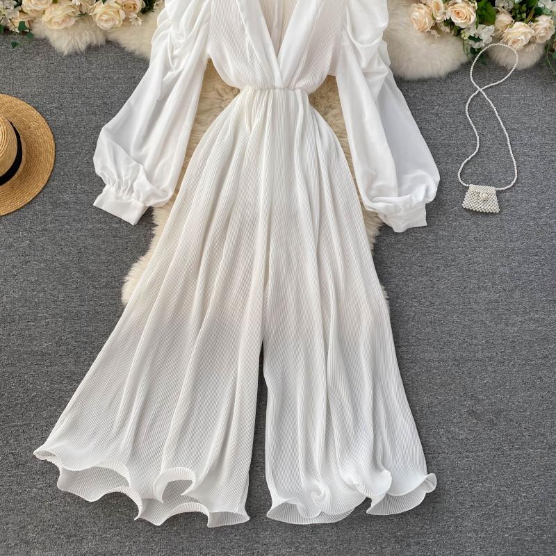 High Quality Lantern Sleeve Stretch Chiffon Wide Leg Deep V Neck Sexy Pleated Long Jumpsuit