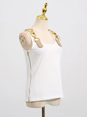 Square neck, sleeveless, patchwork top with high quality metal buckle