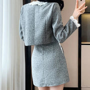 Tweed Two Piece Set Sweet Lace Round Neck Short Coat and A-Line Mini Skirt