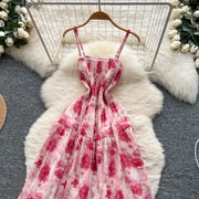 Women's long floral dress with thin straps, sleeveless, elastic, ruched with high-quality print