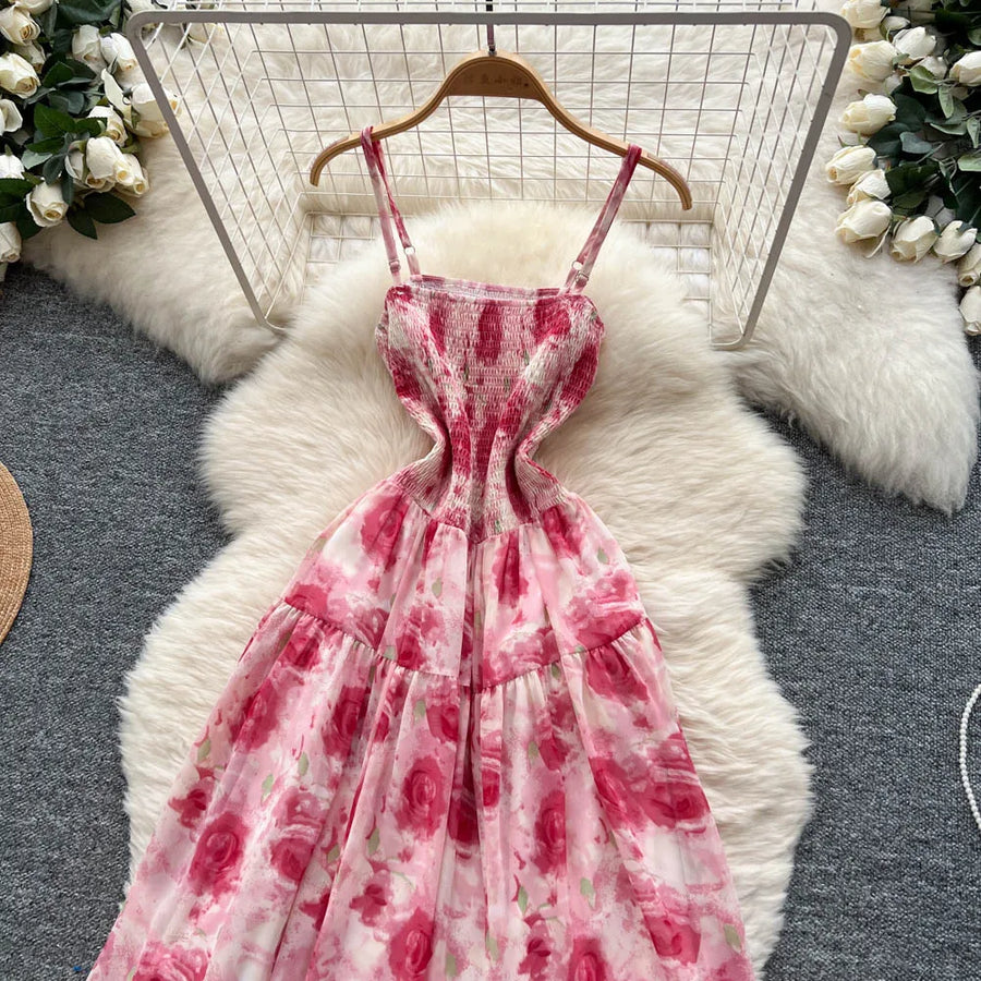 Women's long floral dress with thin straps, sleeveless, elastic, ruched with high-quality print
