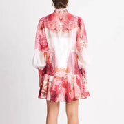 Floral Print Hit Color Dress For Women Stand Collar Lantern Sleeve High Waist Spliced Lace Up Tunic Mini Dresses Female New