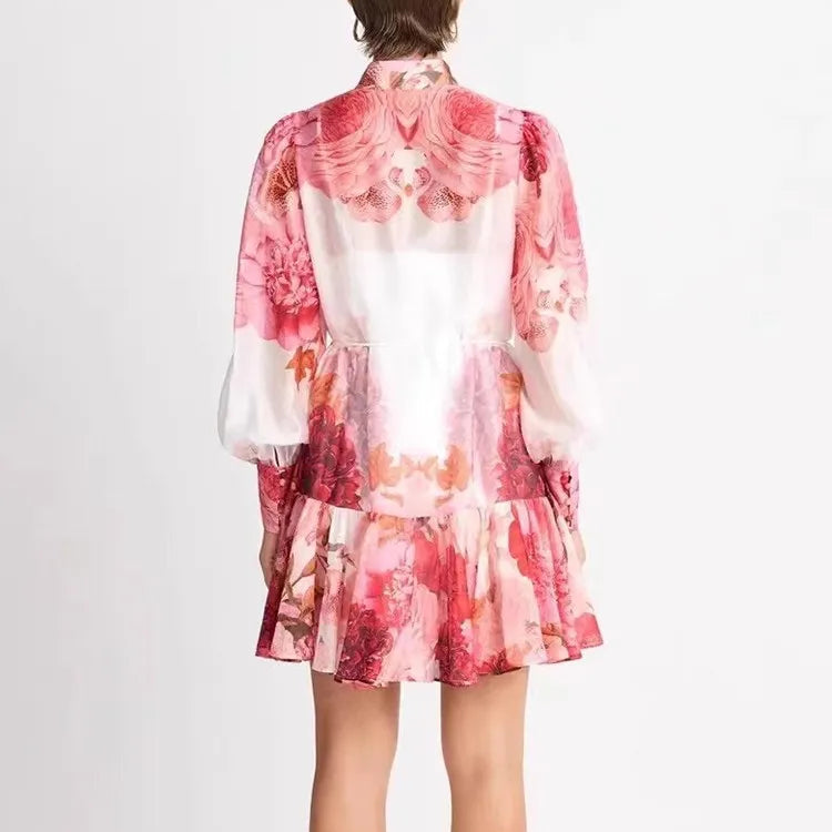 Floral Print Hit Color Dress For Women Stand Collar Lantern Sleeve High Waist Spliced Lace Up Tunic Mini Dresses Female New