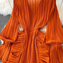 High Quality Ruffled Irreful Hem Elegant French Style Solid Striped Open Stitch Dress