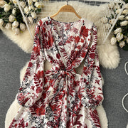 High Quality Multi Colors V Neck A-Line Floral Long Sleeve Dress