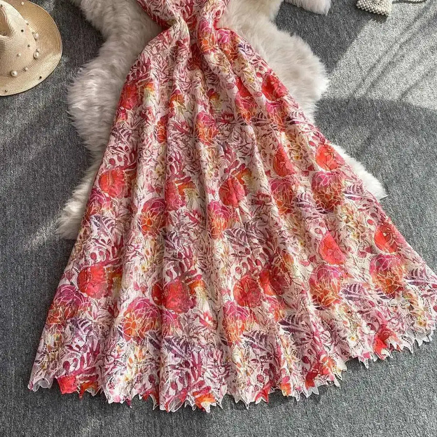 Long dress with open back and sexy A-line cut with high-quality flowers and embroidered lace