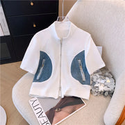 2024 Summer New Stitched Zipper T-shirt top Female Set Elegant Women's Jeans Casual Blouse Two Piece Set Ladies Tracksuits big