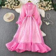 Fashion Temperament Bandage Slim Waist Dress Fairy Gauze Ruffled Long Robe Turn-down Collar Single Breasted Diamonds Vestidos