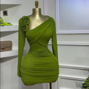 Long-sleeved floral appliqué slash neck ruched bodycon midi dress