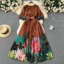 High Quality Round Neck Leaf Floral Print Belted Short Sleeve Pleated Long Dress