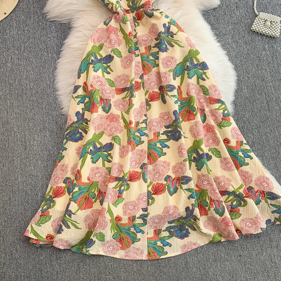 Elegant Vintage Office Long Dress Women Summer V Neck Sleeveless Print Floral Luxury Dress Evening Party Birthday Dresses