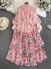 High Neck Long Flare Sleeve Belted High Quality Flower Dress
