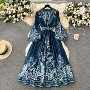 High quality vintage floral prints V-neck elegant long dress