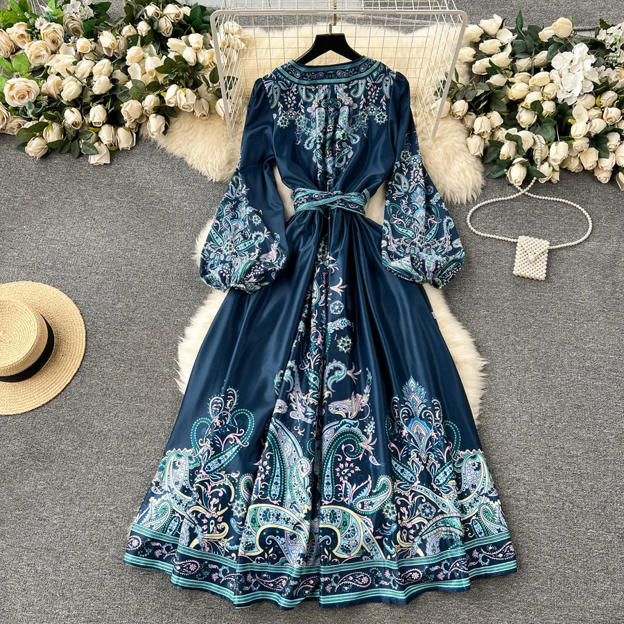 High quality vintage floral prints V-neck elegant long dress