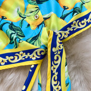 Summer Runway Fashion Sicily Lemon Print Two Piece Outfits Women Long Sleeve Bandage Crop Top＋Beach Pocket Shorts Sets