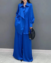 Red and Blue Solid Color Matching Loose Sets Long Sleeve Shirt+Wide Leg Pants High Quality