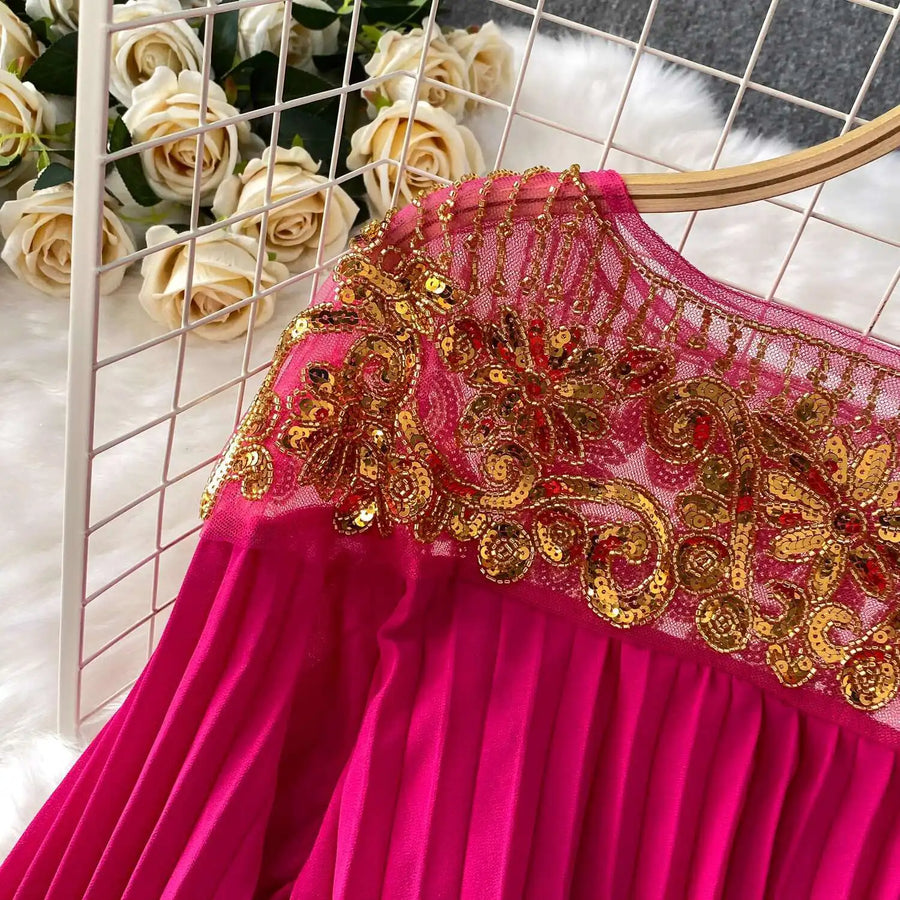 Floor Length Formal Evening Luxury Dress Women Summer Autumn See Through Crochet Crystal Beaded Long Sleeve Maxi Chiffon Dresses