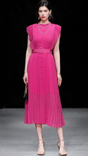 Pink Elegant Ruched Pleated Midi Vintage Long Dress With Belt High Quality