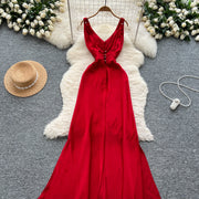 Elegant Satin V-neck Chic Straps Sexy Sleeveless Hotsweet Slim Slip Long Dresses Vintage High Street Women Clothing