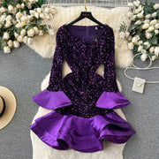 Elegant Long Sleeve V Neck Ruffles Sparkly Sequins Sexy Dress