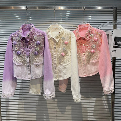 Long sleeve jacket with 3D flowers and high quality pearl