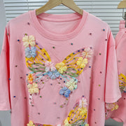 Fashion Butterfly Floral Beading Women's Set T-shirt and Shorts  Summer Active Two 2 Piece Sets Outfit Tracksuit