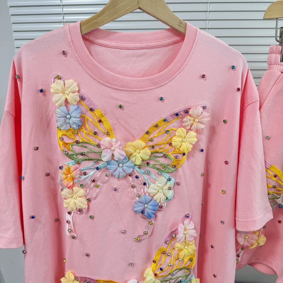 Fashion Butterfly Floral Beading Women's Set T-shirt and Shorts  Summer Active Two 2 Piece Sets Outfit Tracksuit