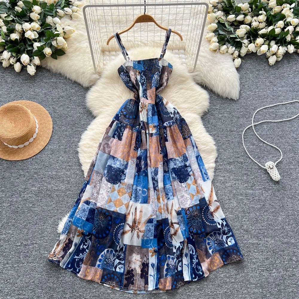 Women's long floral dress with thin straps, sleeveless, elastic, ruched with high-quality print