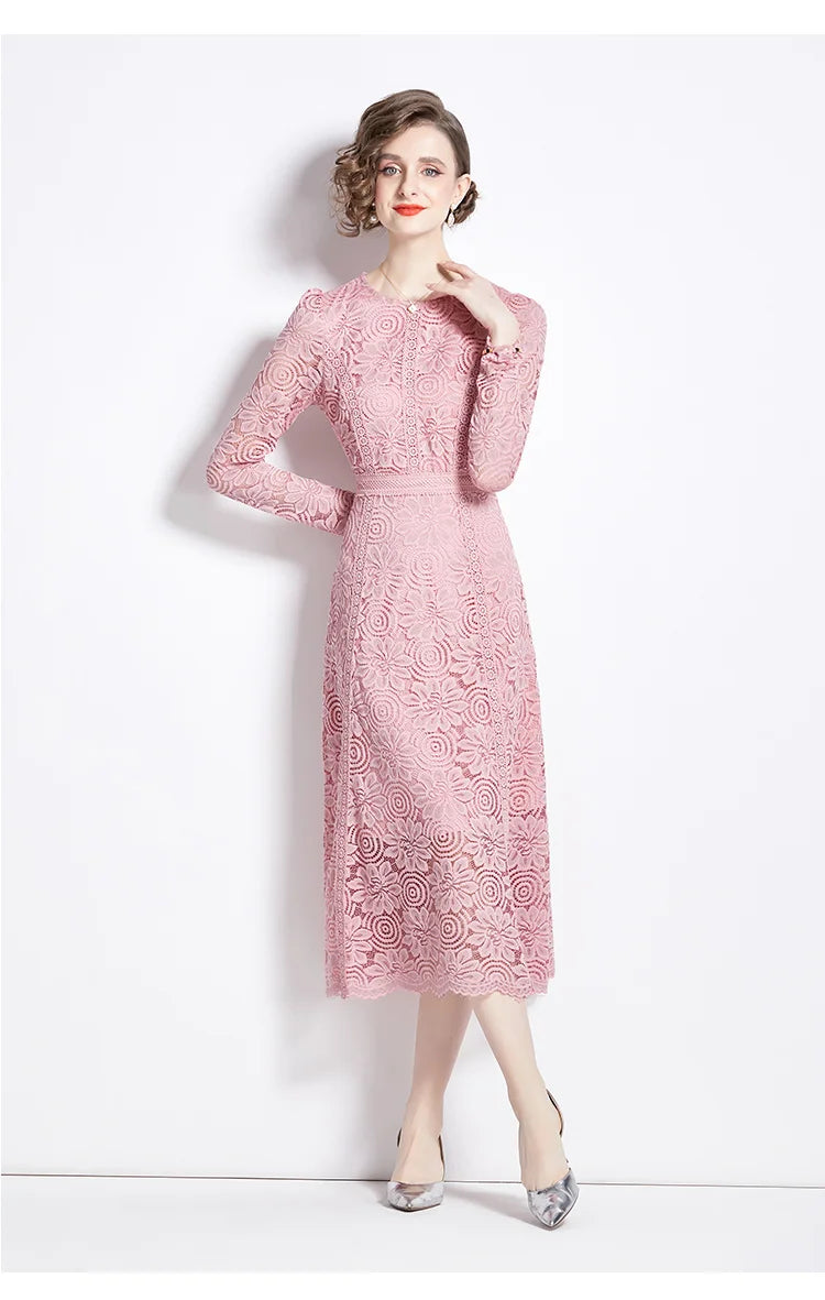 High Quality Pink and Yellow Lace Long Sleeve A-line Elegant Dress