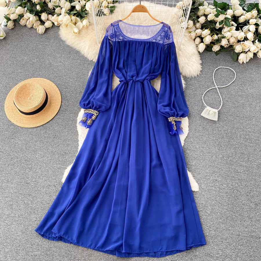 High Quality Various Colors Lantern Sleeve O Neck Maxi Embroidered Dress