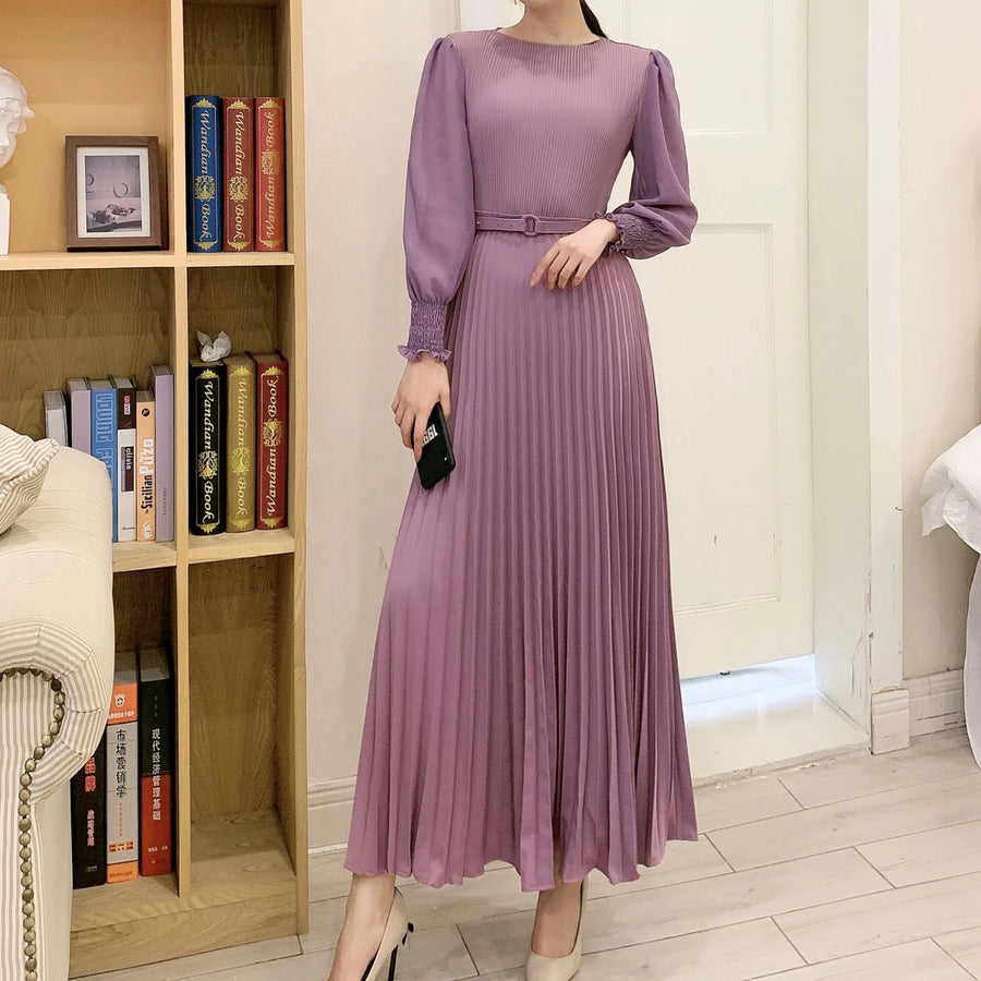 High Quality Bow Front Vintage Belted Bodycon Pleated Long Dress