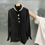 High Quality Long Sleeve Ruffle Collar Diamond Button Shirts