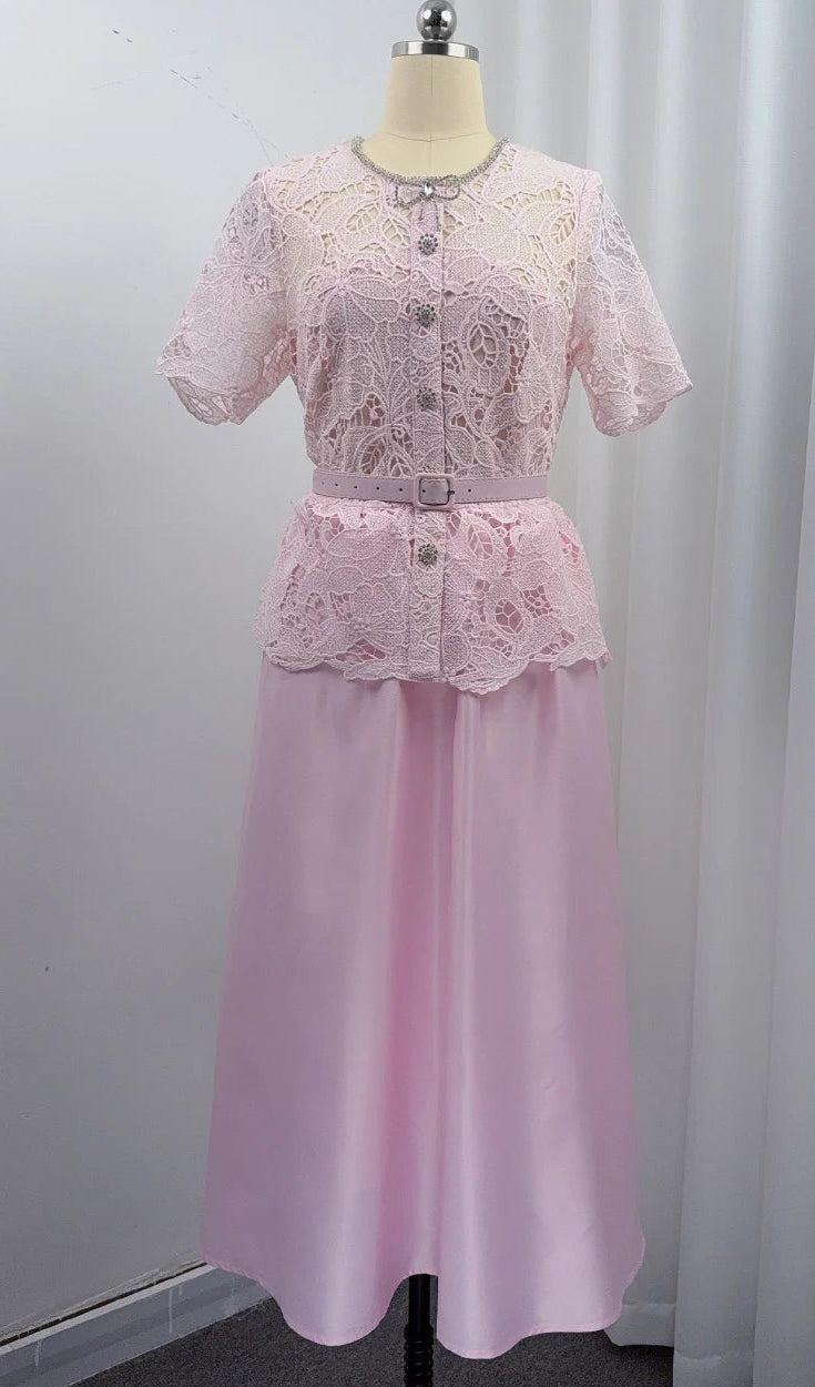 Elegant Beading Diamond Luxury Embroidery Prom Evening Dress Women Summer Short Sleeve Hollow Out Lace Patchwork Belt Long Dress