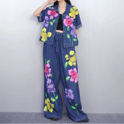 High quality elastic high waist short sleeve print vintage suit set