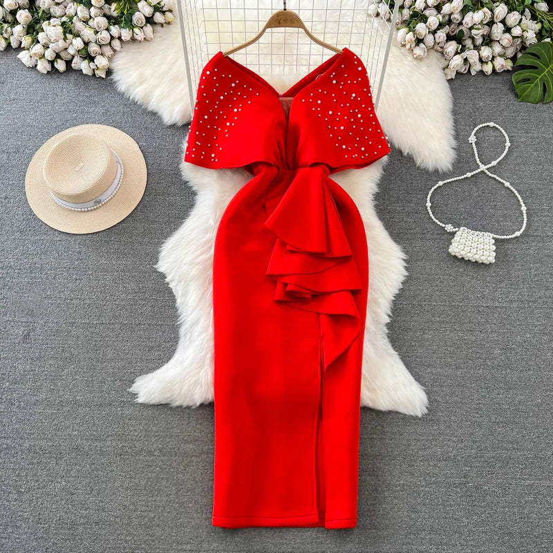 High-end sweet dress with V-neckline, high-quality wrap waist