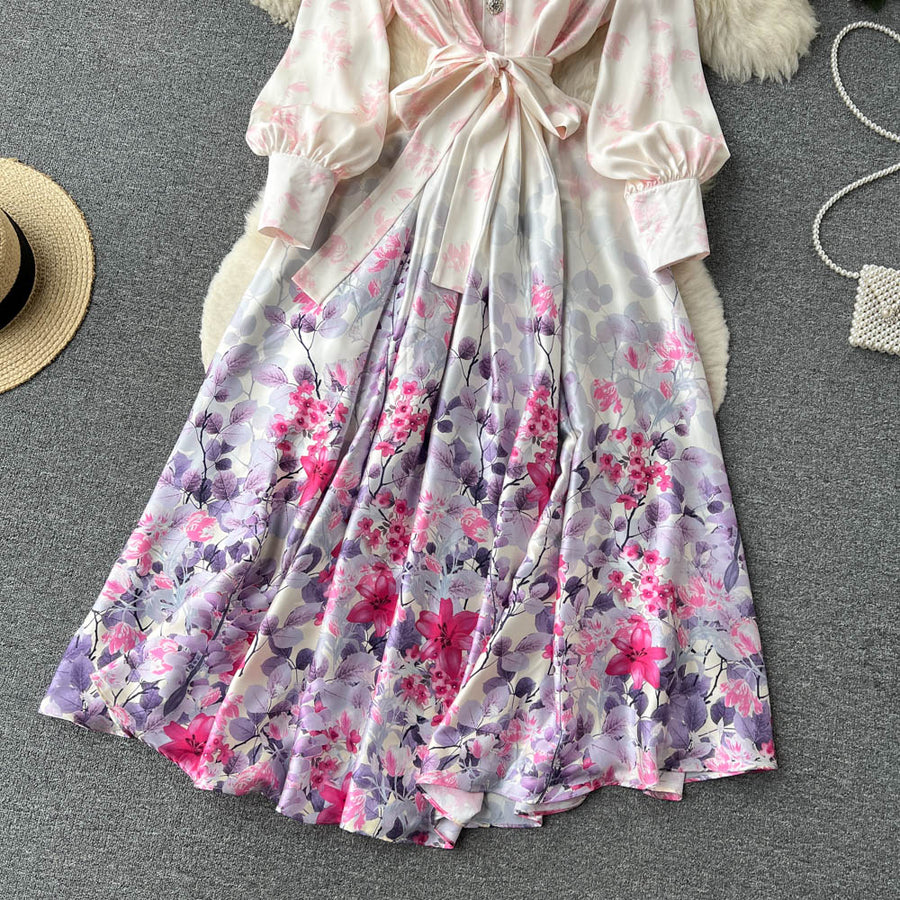 High Quality Satin Belted Floral Print Lantern Sleeve Dress