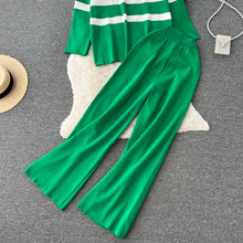 High Quality Striped Zipper Long Sleeve+Wide Leg Pant Two Piece Set