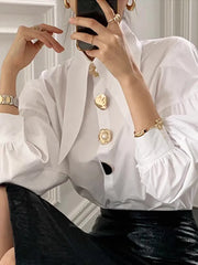 High quality white button down shirt, pointed collar, long puff sleeve