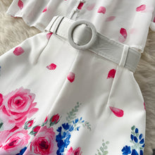 Two Piece Set Flower Print Lantern Sleeve Shirt Bow Neck Top + Belted Shorts High Quality