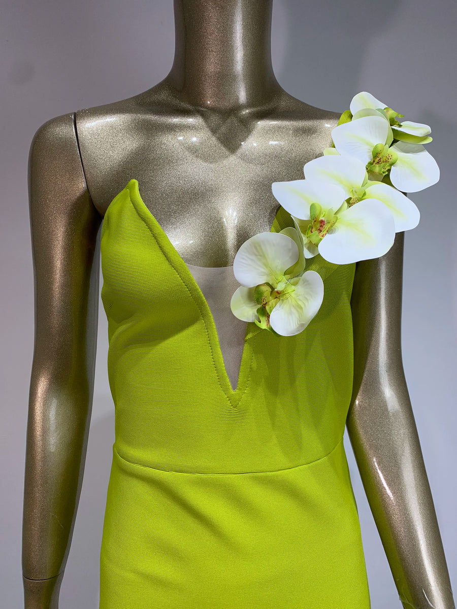 bandage dress  High Quality One Shoulder Green Neon Flower Bodycon Bodycon Dress