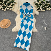 American Fashion Warm Suits Women Lapel Neck Zipper Tops+High Elastic Skinny Skirt Plaid Streetwear Two Pieces Sets
