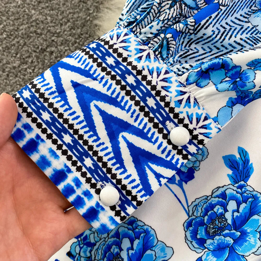 2023 Spring Autumn Women Short Dress Runway V-Neck Long Lantern Sleeve Single Breasted High Waist Party Vestidos A2297