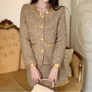 Autumn French Socialite Sequin Tweed Short Coat High Waist Slimming Mini Skirt Set Luxury Style Two Piece Sets Women Outfits