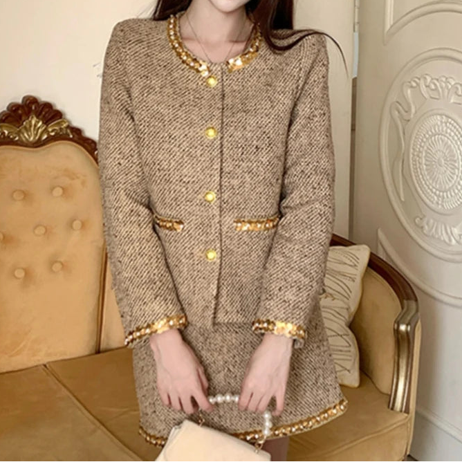 Autumn French Socialite Sequin Tweed Short Coat High Waist Slimming Mini Skirt Set Luxury Style Two Piece Sets Women Outfits