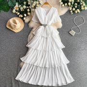 Women Long Dress Cake Dresses A Line Vestidos  Streetwear V Neck Short Sleeve Elegant Party Work Slim Fit Casual Summer