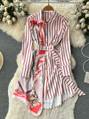 Striped Print Long Sleeve Dress, Silk Scarf Splicing Lace-up and High Quality Belt