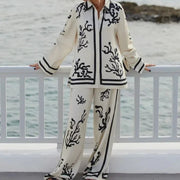2024 Summer Fashion Print Long Pant Sets Women's Lapel Long Sleeve Shirt Wide Leg Trousers Lady Chic 2 Pieces Sets Street Outfit