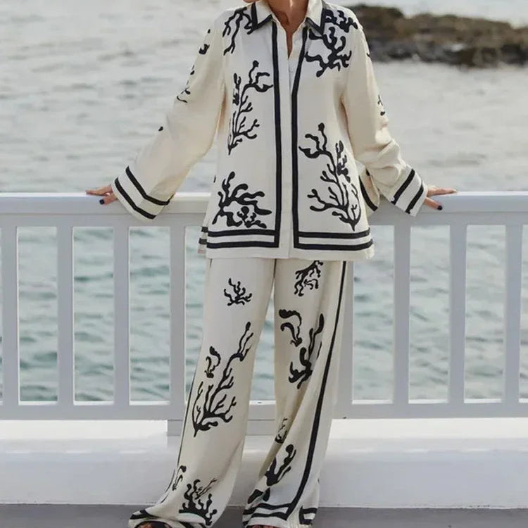 2024 Summer Fashion Print Long Pant Sets Women's Lapel Long Sleeve Shirt Wide Leg Trousers Lady Chic 2 Pieces Sets Street Outfit
