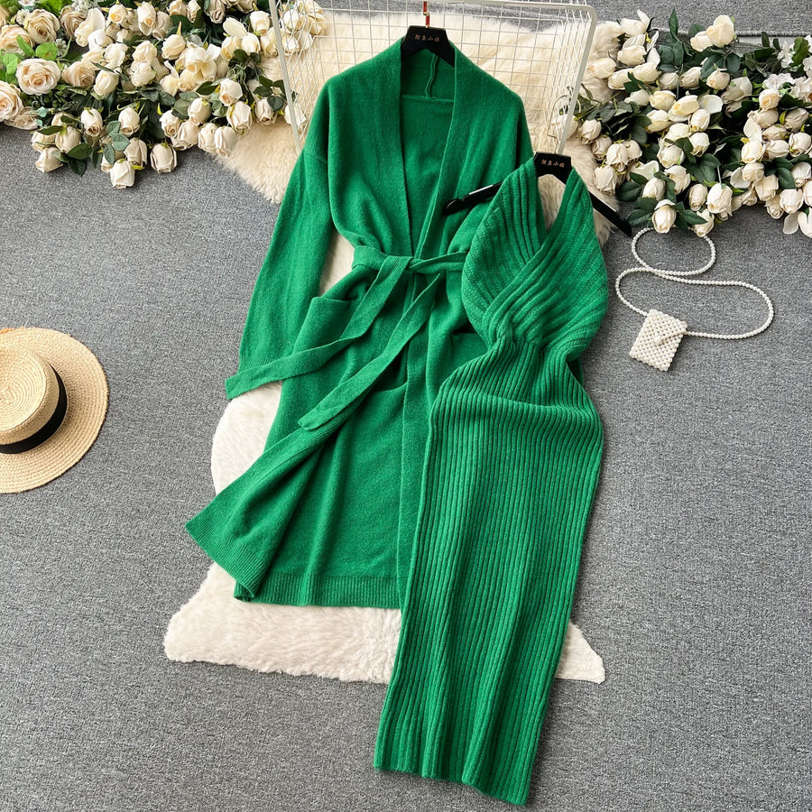 Solid Knitted Two Piece Outfits with Belt Loose Long Cardigan + Striped Halter Bodycon Dress High Quality